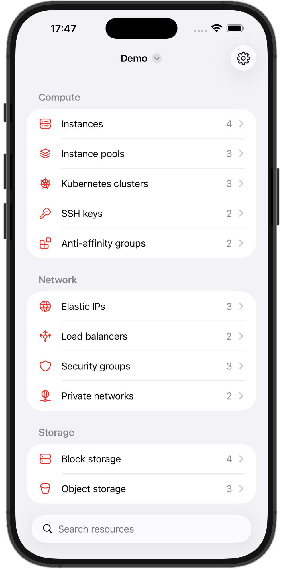 Exoscope on iPhone, showing Exoscale compute, network, and storage resources with resource search.